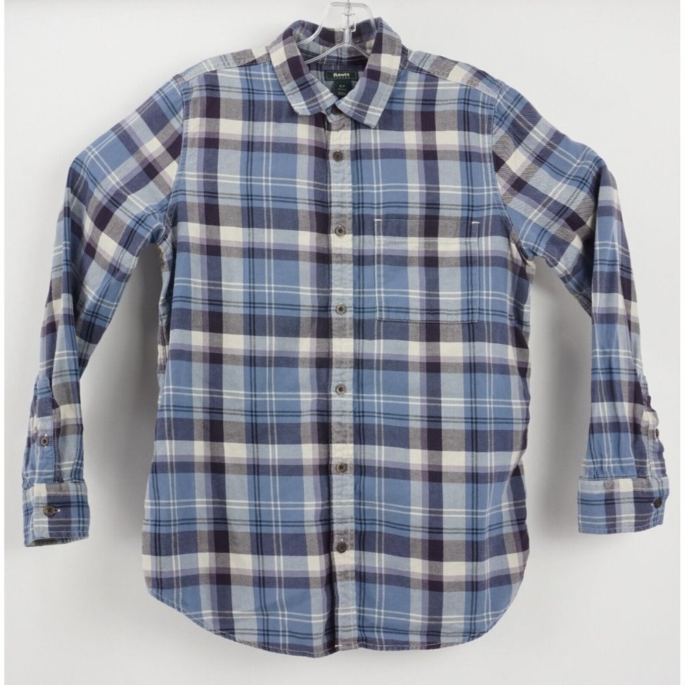 Roots Canada Men's Small Long Sleeve‎ Blue White Plaid Flannel Button Up Shirt
